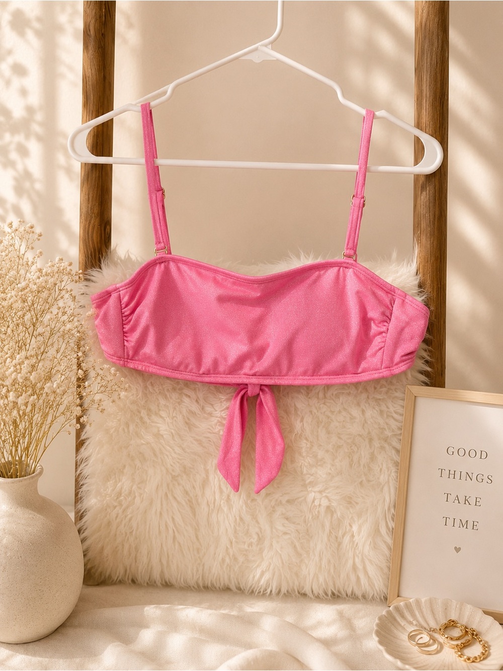 Glittering Bright Pink Tie-back bandeau swim top